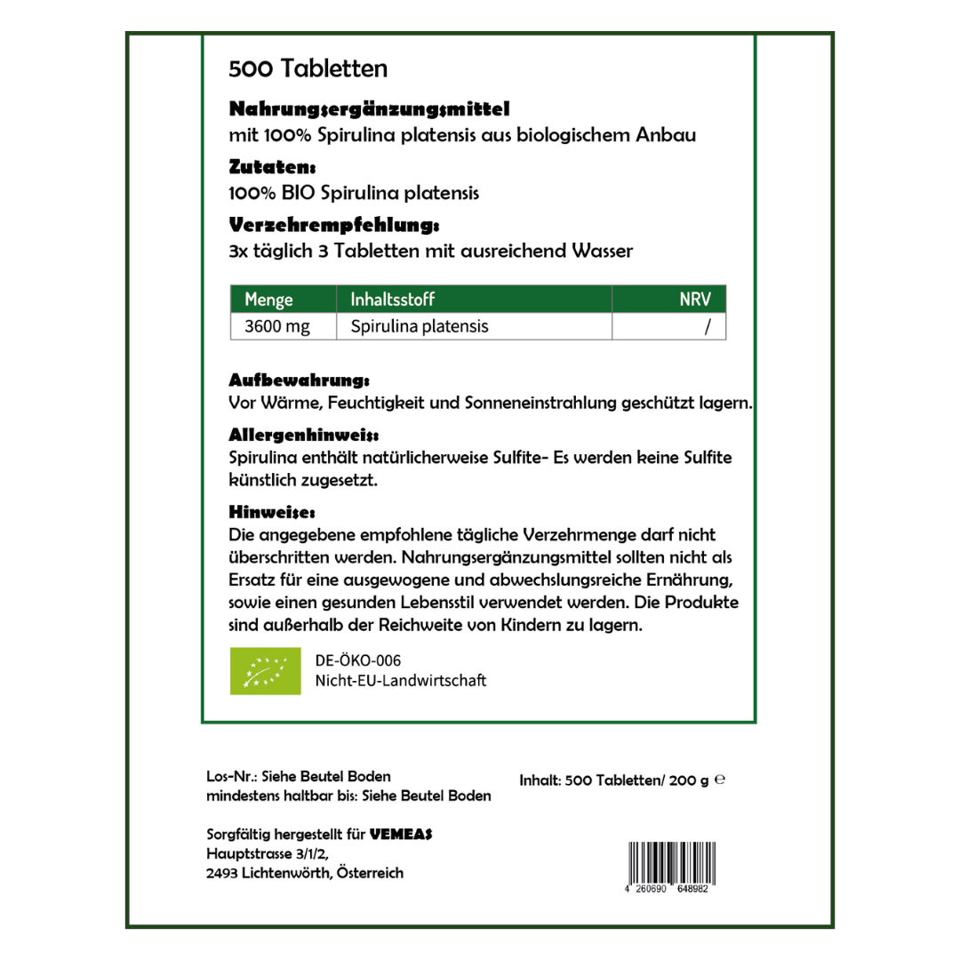 Bio Spirulina Tabletten - vegan - Vemeas