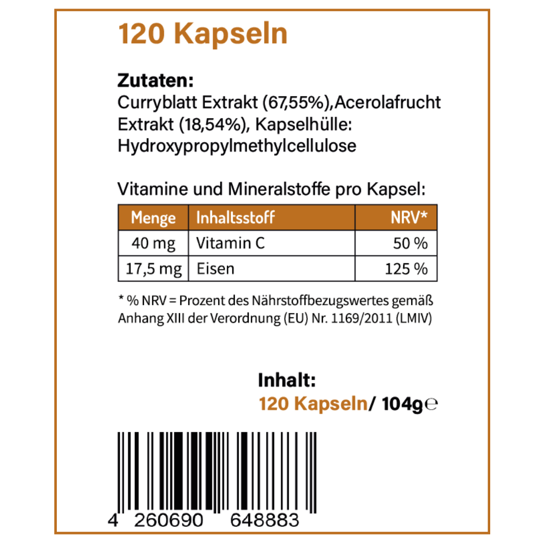Eisen + Vitamin C ( aus Curryblatt-Extrakt und Acerola Extrakt) vegan - Vemeas