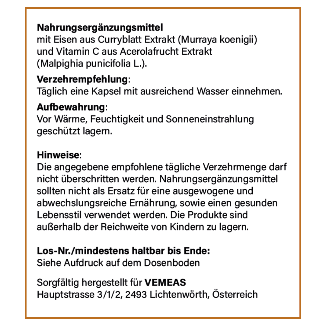 Eisen + Vitamin C ( aus Curryblatt-Extrakt und Acerola Extrakt) vegan - Vemeas