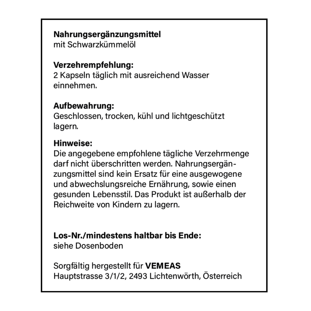 Schwarzkümmelöl Kapseln (vegan und kaltgepresst) - Vemeas