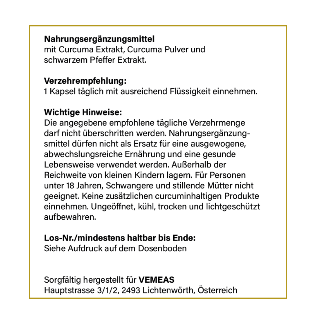 Curcuma Extrakt hochdosiert mit Schwarzem Pfeffer Extrakt - vegan - Vemeas
